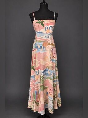 Paper Heart tie back pastel print maxi dress, spaghetti straps, bottom ruffle M